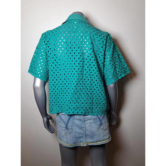 Worthington Collection Abstract Floral Lace Top Aqua Green Blouse - Picture 4 of 6